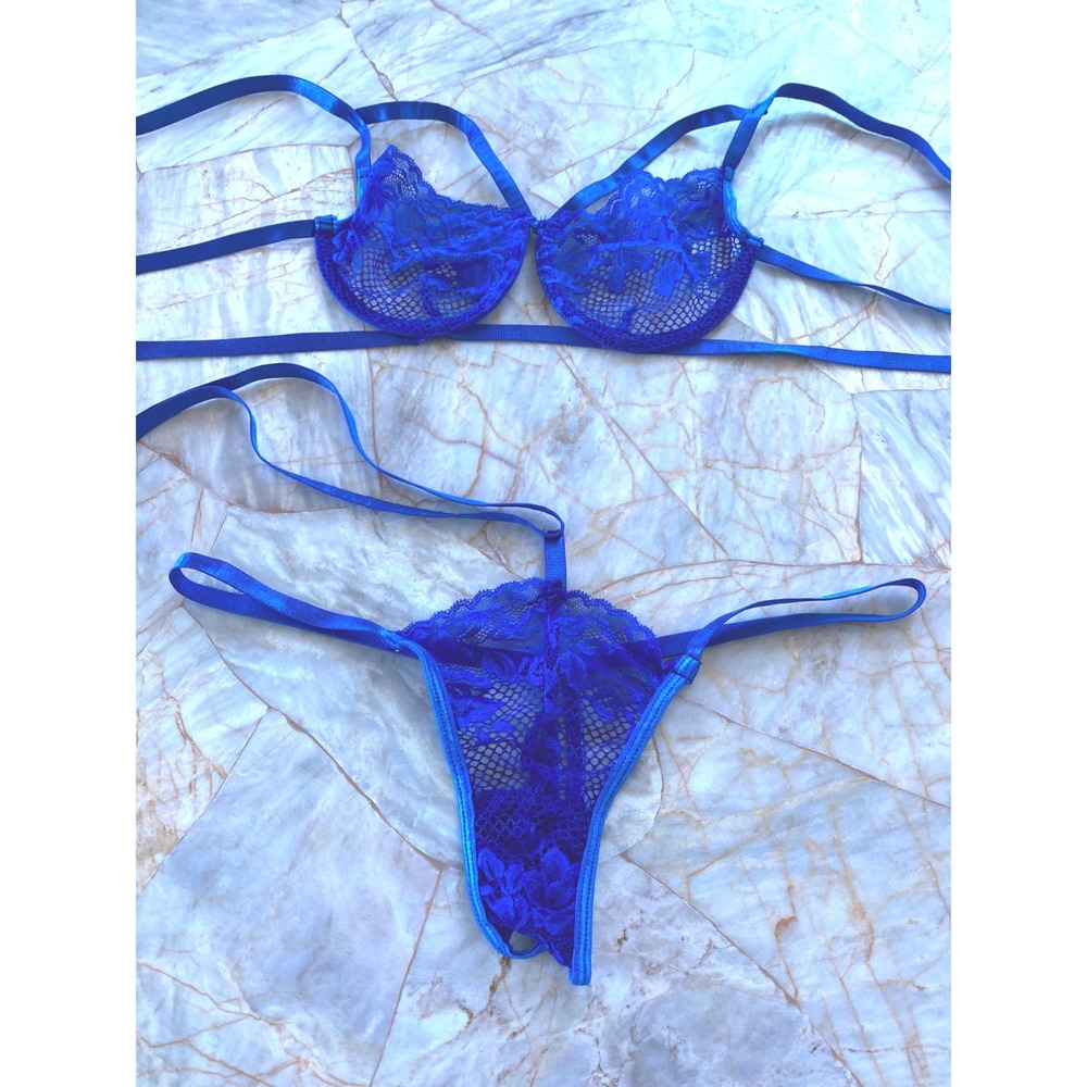 Royal Blue Floral Lace Strappy Bralette and Thong Lingerie Set Medium Shein